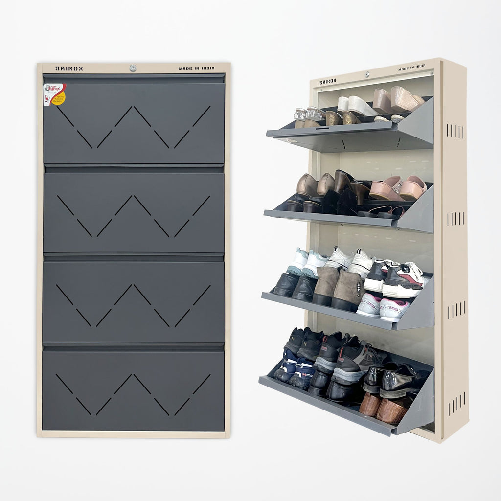 SAIROX | Double shelves | Four Door | Wall mounted | 24-28 Pair | 29*8.5*56 Inches | Metal Shoe Rack (8 Shelves)