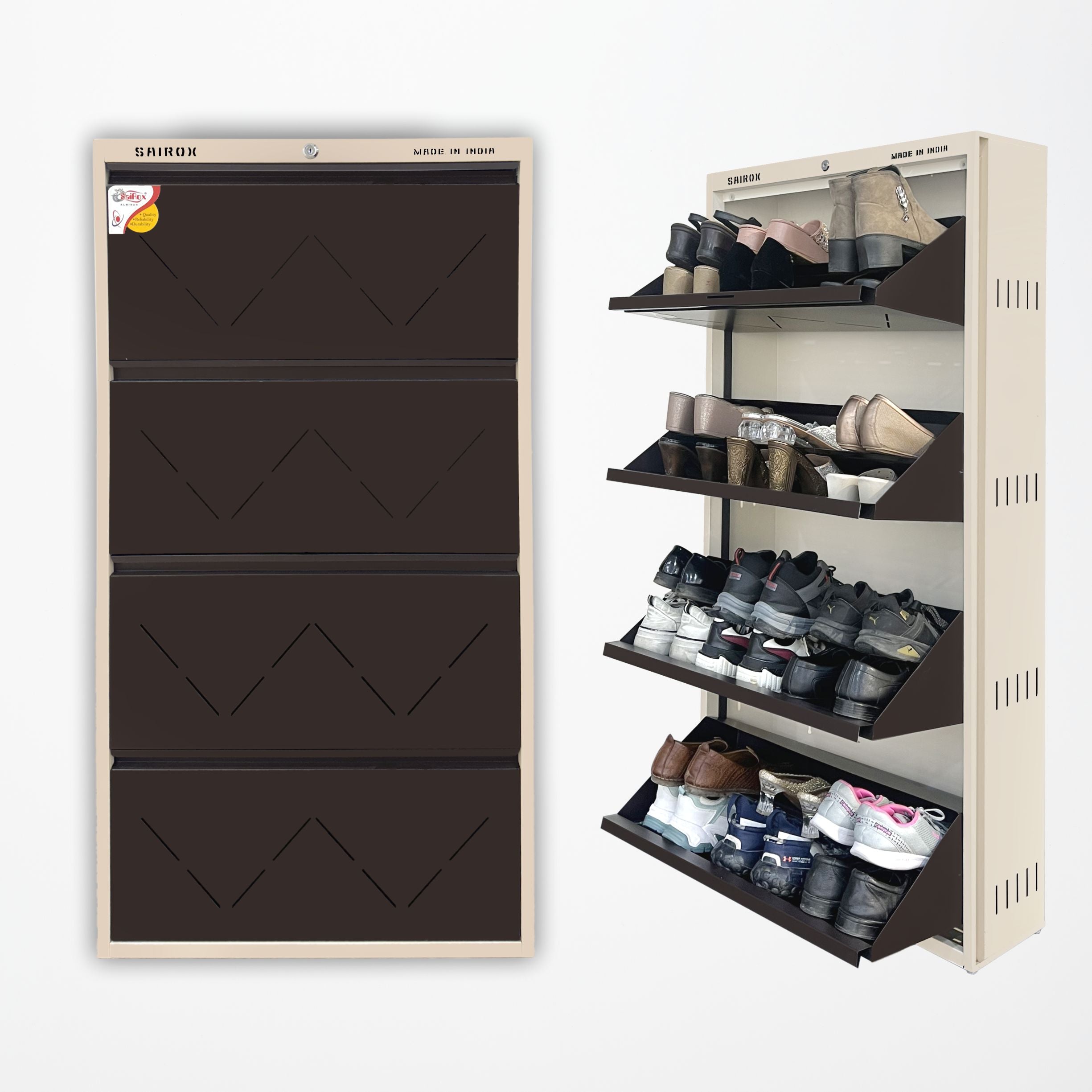 SAIROX | Double shelves | Four Door | Wall mounted | 24-28 Pair | 29*8.5*56 Inches | Metal Shoe Rack (8 Shelves)