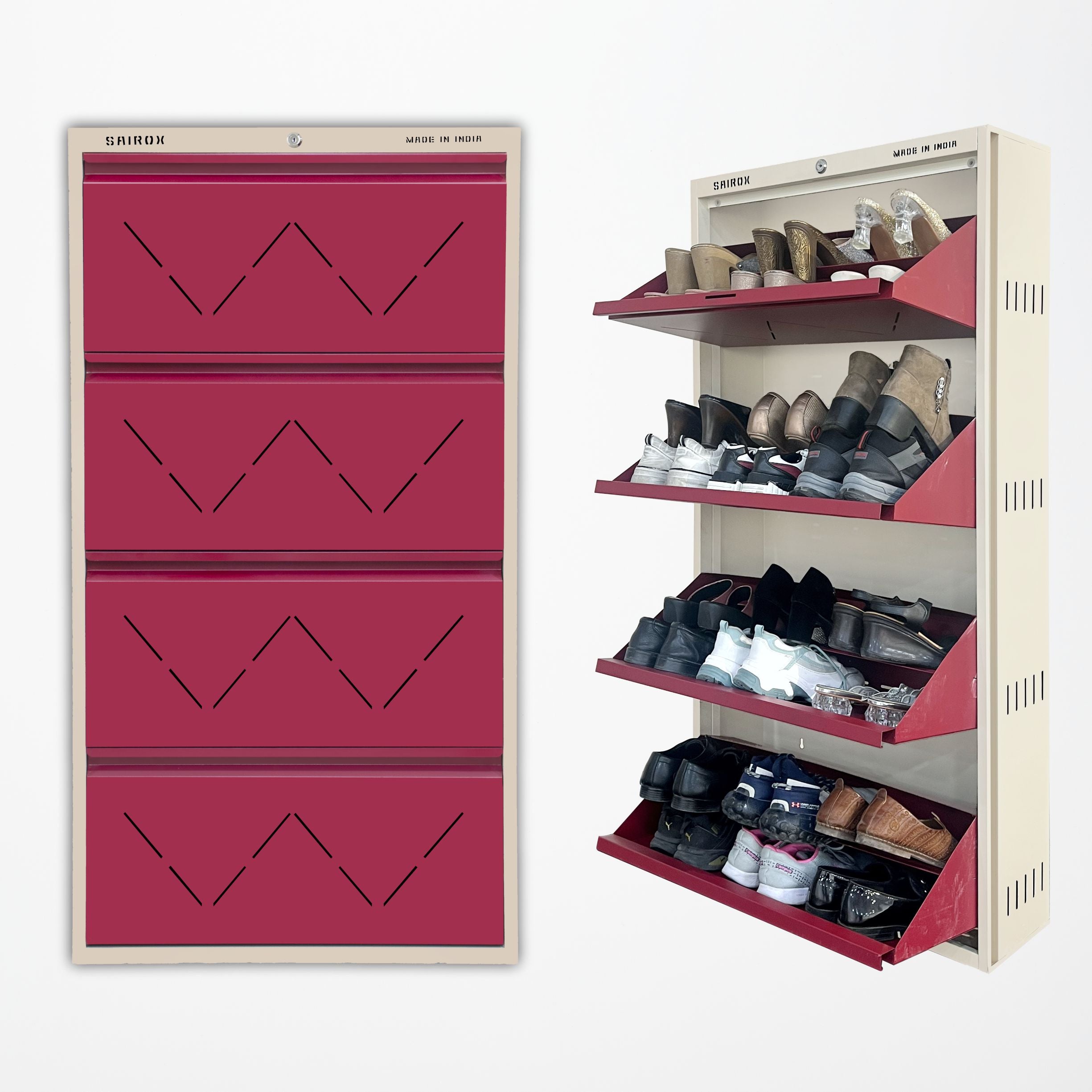 SAIROX | Double shelves | Four Door | Wall mounted | 24-28 Pair | 29*8.5*56 Inches | Metal Shoe Rack (8 Shelves)