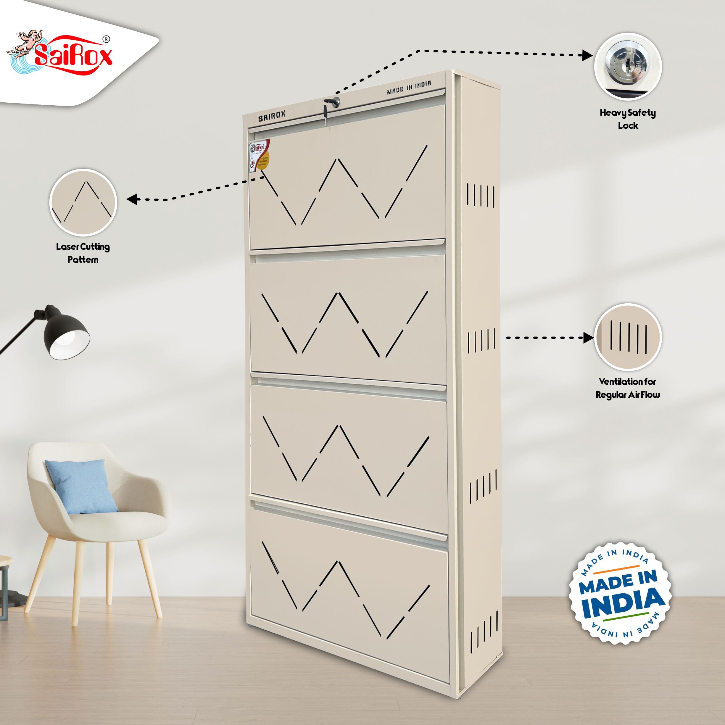 SAIROX | Double shelves | Four Door | Wall mounted | 24-28 Pair | 29*8.5*56 Inches | Metal Shoe Rack (8 Shelves)