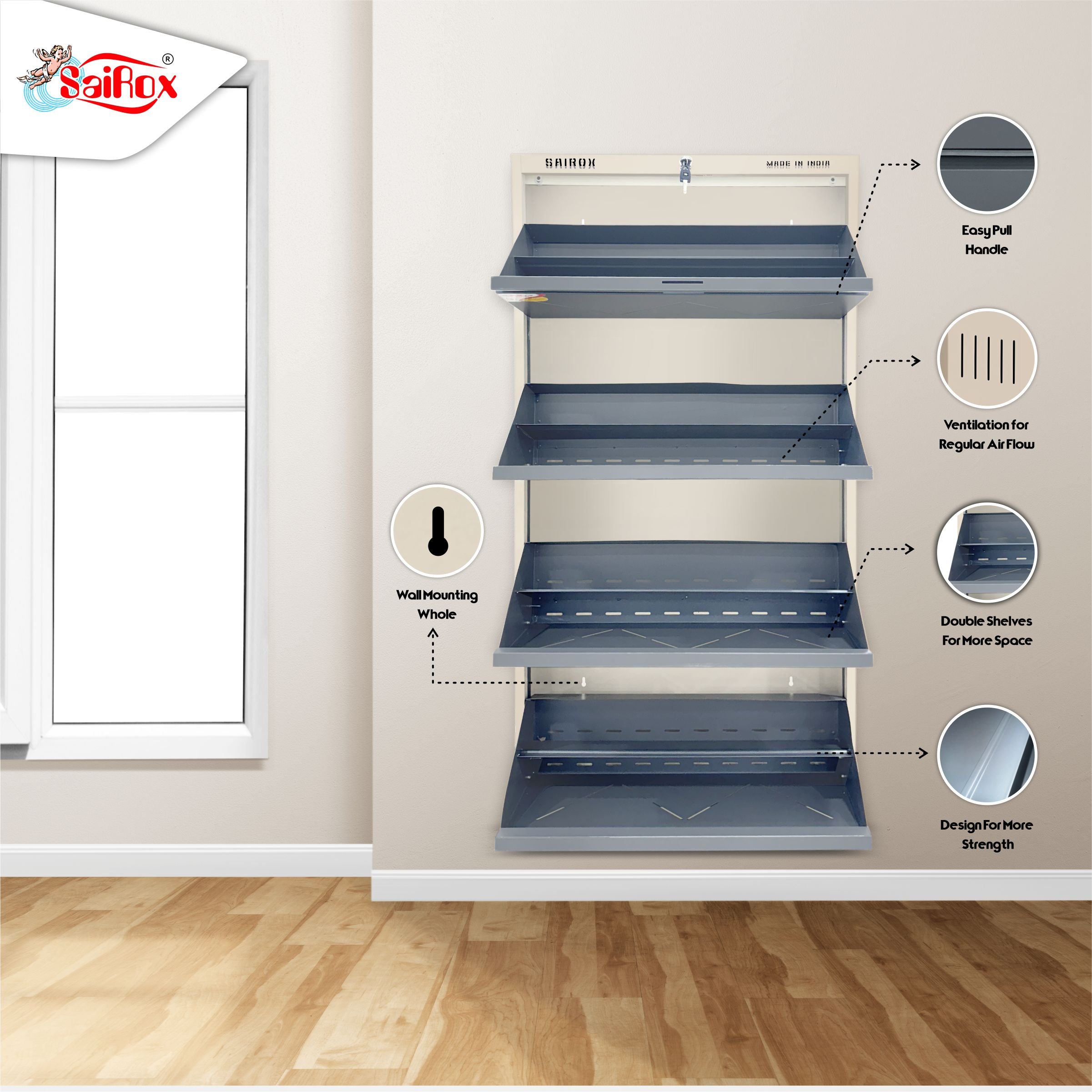 SAIROX | Double shelves | Four Door | Wall mounted | 24-28 Pair | 29*8.5*56 Inches | Metal Shoe Rack (8 Shelves)