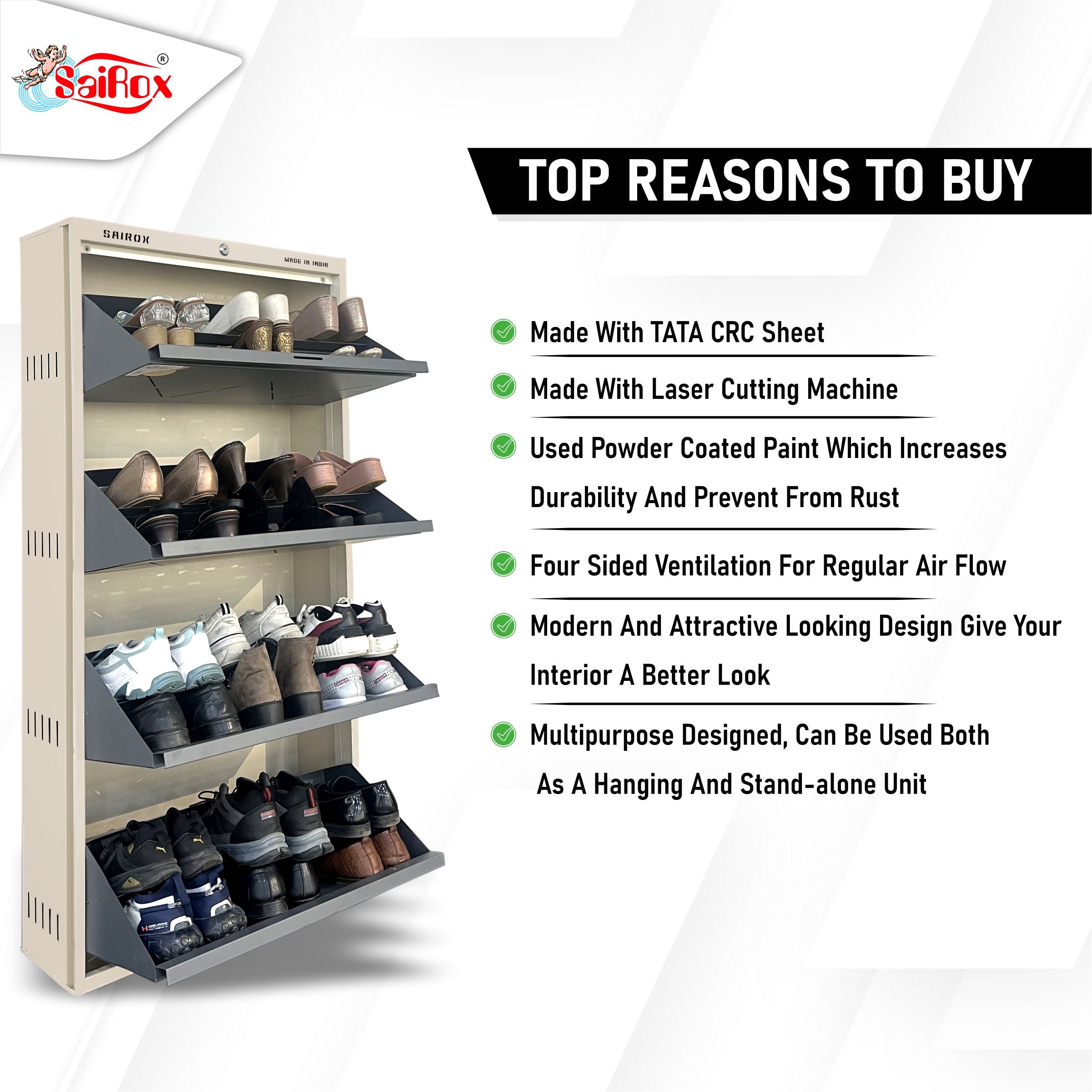 SAIROX | Double shelves | Four Door | Wall mounted | 24-28 Pair | 29*8.5*56 Inches | Metal Shoe Rack (8 Shelves)