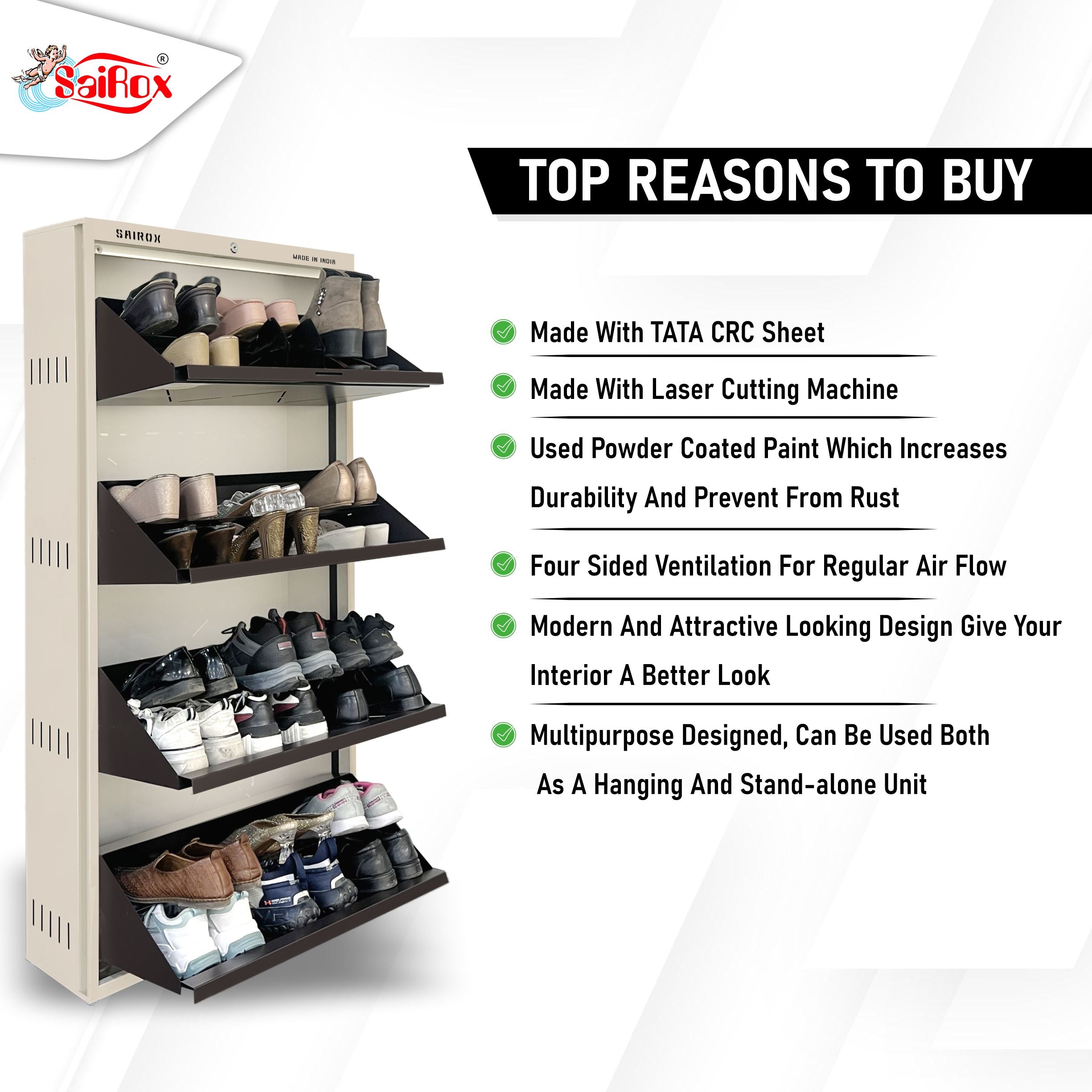 SAIROX | Double shelves | Four Door | Wall mounted | 24-28 Pair | 29*8.5*56 Inches | Metal Shoe Rack (8 Shelves)