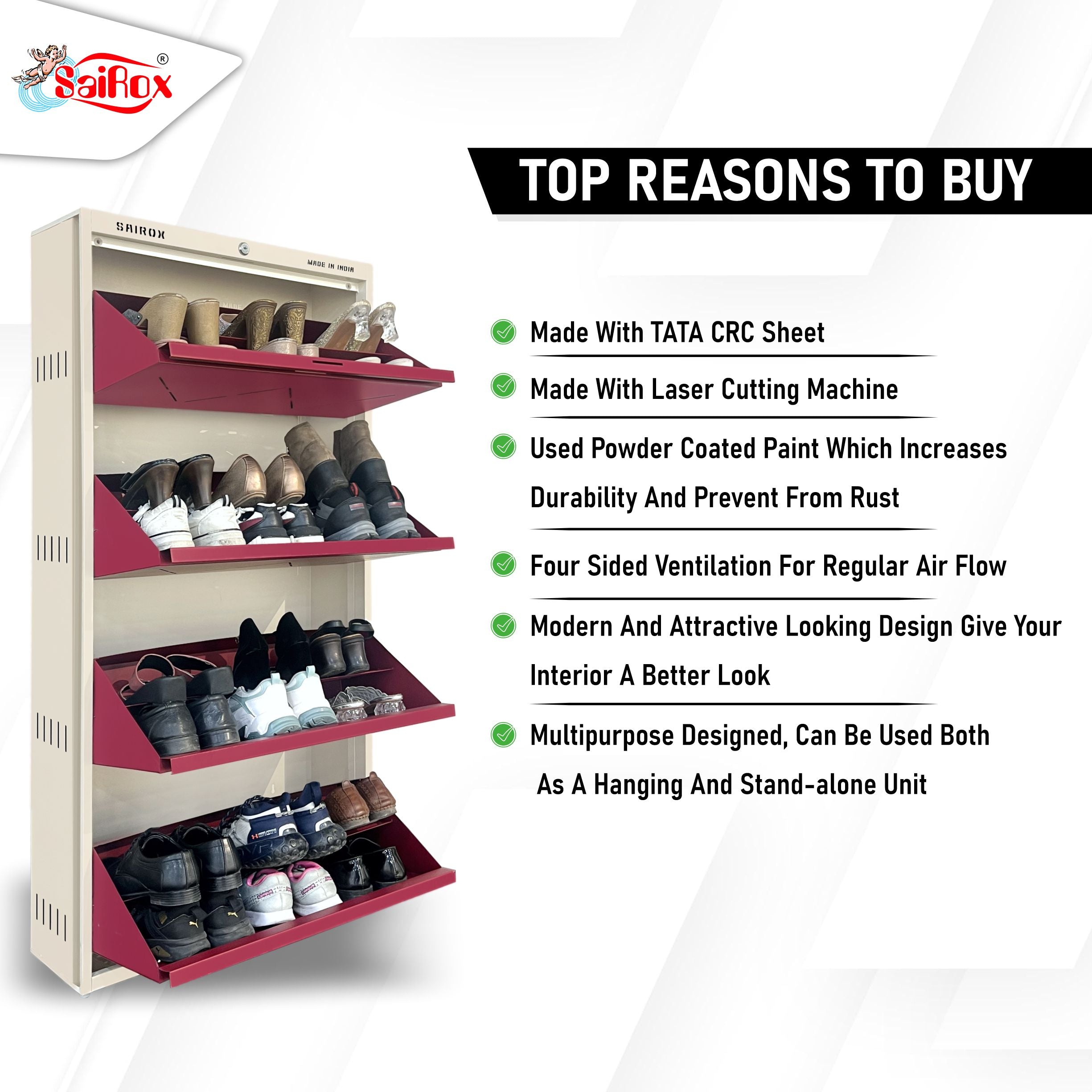 SAIROX | Double shelves | Four Door | Wall mounted | 24-28 Pair | 29*8.5*56 Inches | Metal Shoe Rack (8 Shelves)